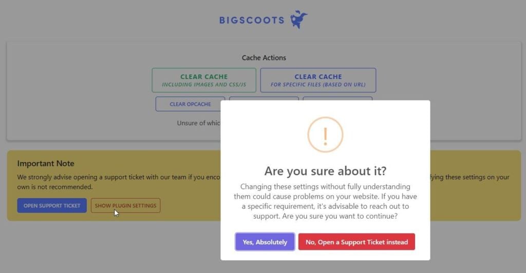BigScoots WPO Portal WordPress Caching Plugin Warning Screen