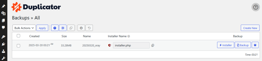 The Duplicator plugin interface